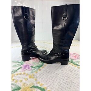 Bandolino BDCOPLIE Black Leather Tall Riding Boots Womens 10M Block Heel Harness